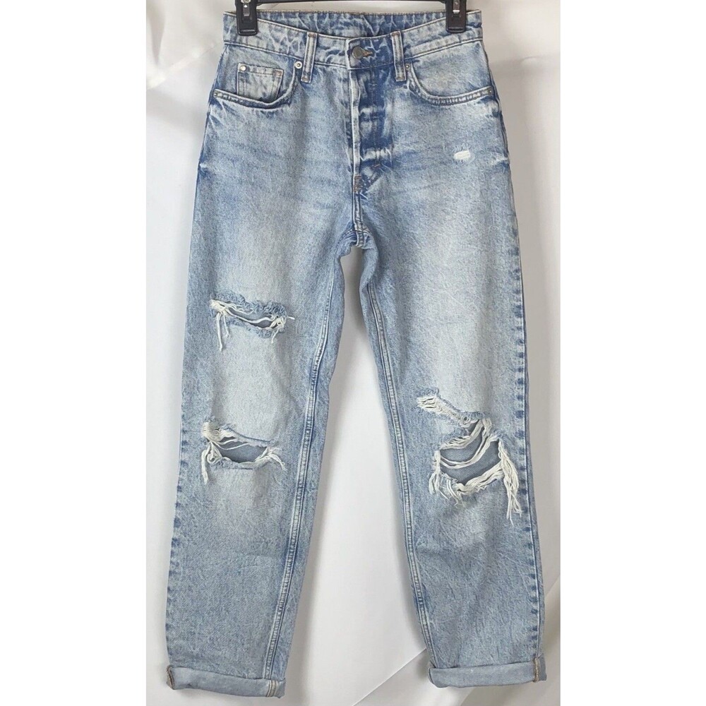 H&M & Denim 90s Boyfriend Jeans O Lt Blue Distressed Button Fly 26"W HighWaist